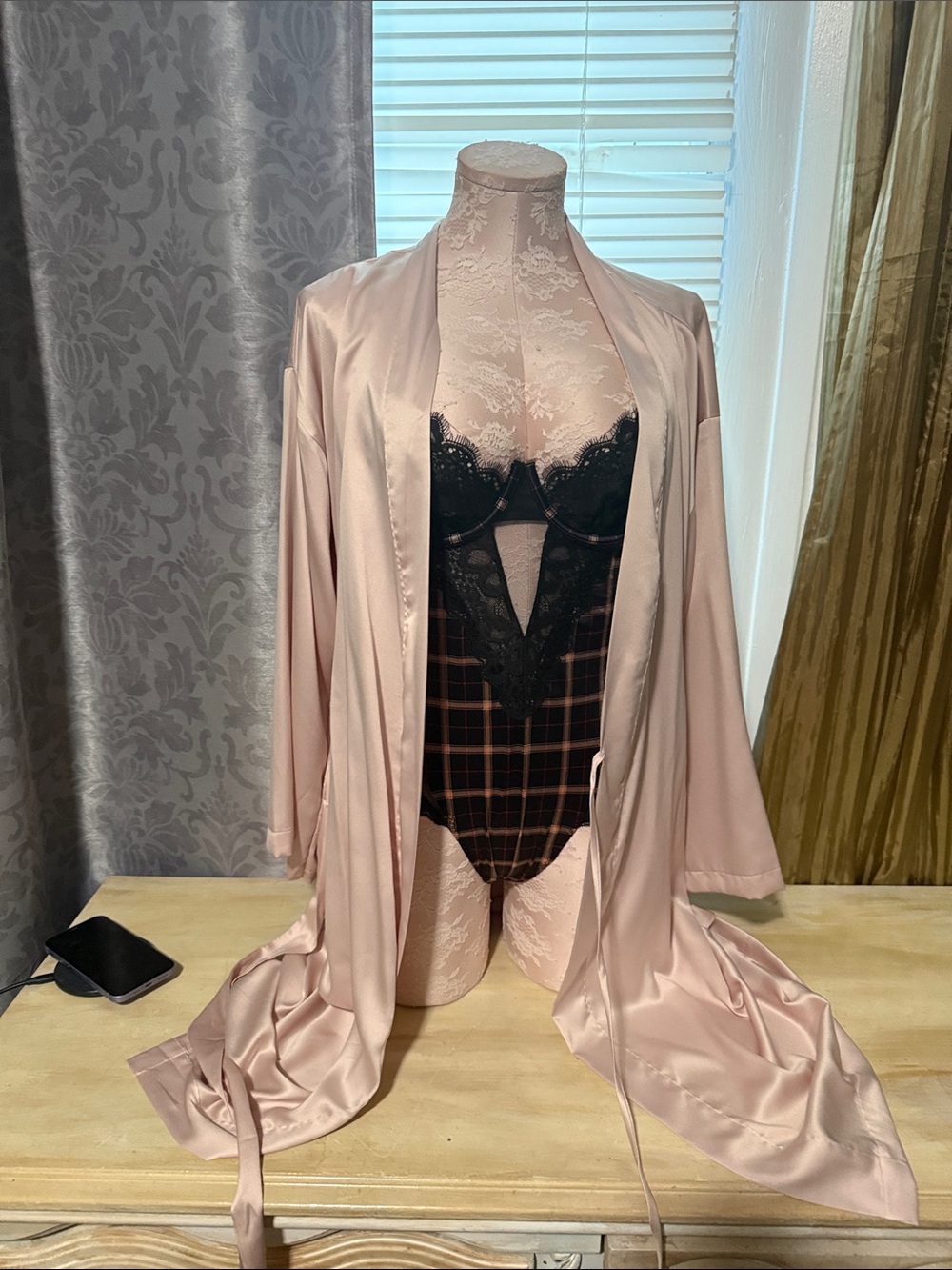Silky Pink Satin Robe XS with Pink/ Black Lace Bodysuit M